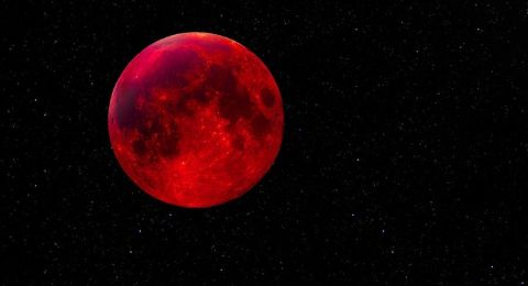 Blood moon against dark sky