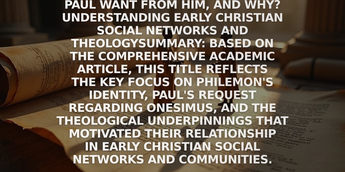 Who Was Philemon, What Did Paul Want from Him, and Why? Understanding Early Christian Social Networks and Theology

Summary: Based on the comprehensive academic article, this title reflects the key focus on Philemon's identity, Paul's request regarding Onesimus, and the theological underpinnings that motivated their relationship in early Christian social networks and communities.