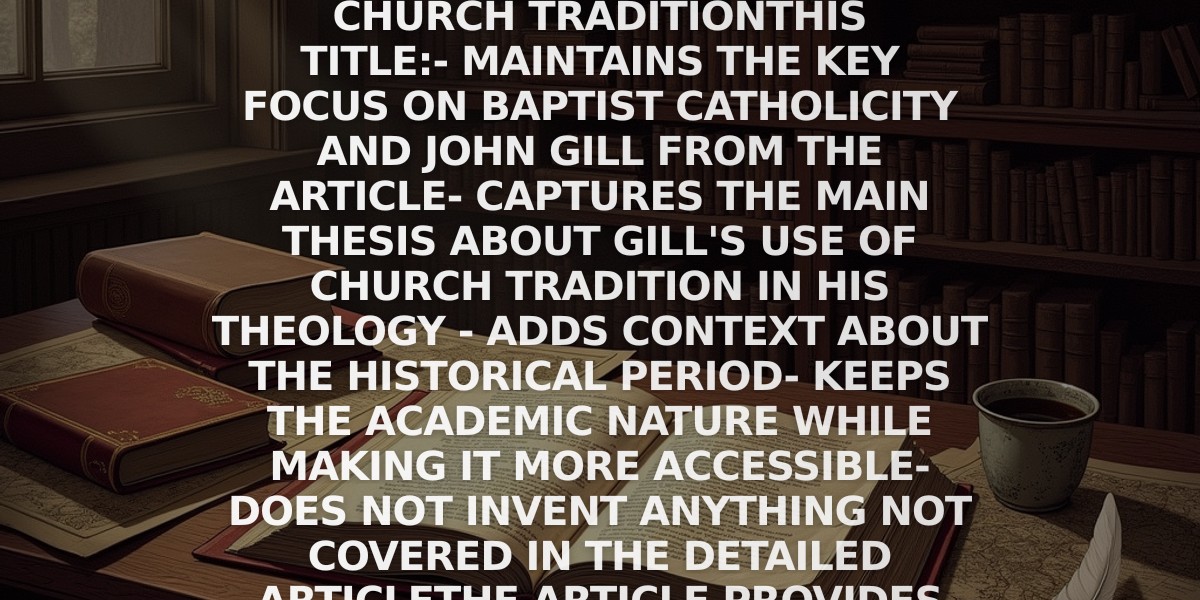 Based on the provided academic article and its original title "Search", here's a suggested SEO-optimized newsworthy title that maintains the meaning and keyword:

Baptist Catholicity in John Gill's Theology: How an 18th Century Baptist Used Church Tradition

This title:
- Maintains the key focus on Baptist catholicity and John Gill from the article
- Captures the main thesis about Gill's use of church tradition in his theology 
- Adds context about the historical period
- Keeps the academic nature while making it more accessible
- Does not invent anything not covered in the detailed article

The article provides thorough evidence to support this title through its analysis of Gill's ecclesiological writings and use of church tradition sources.