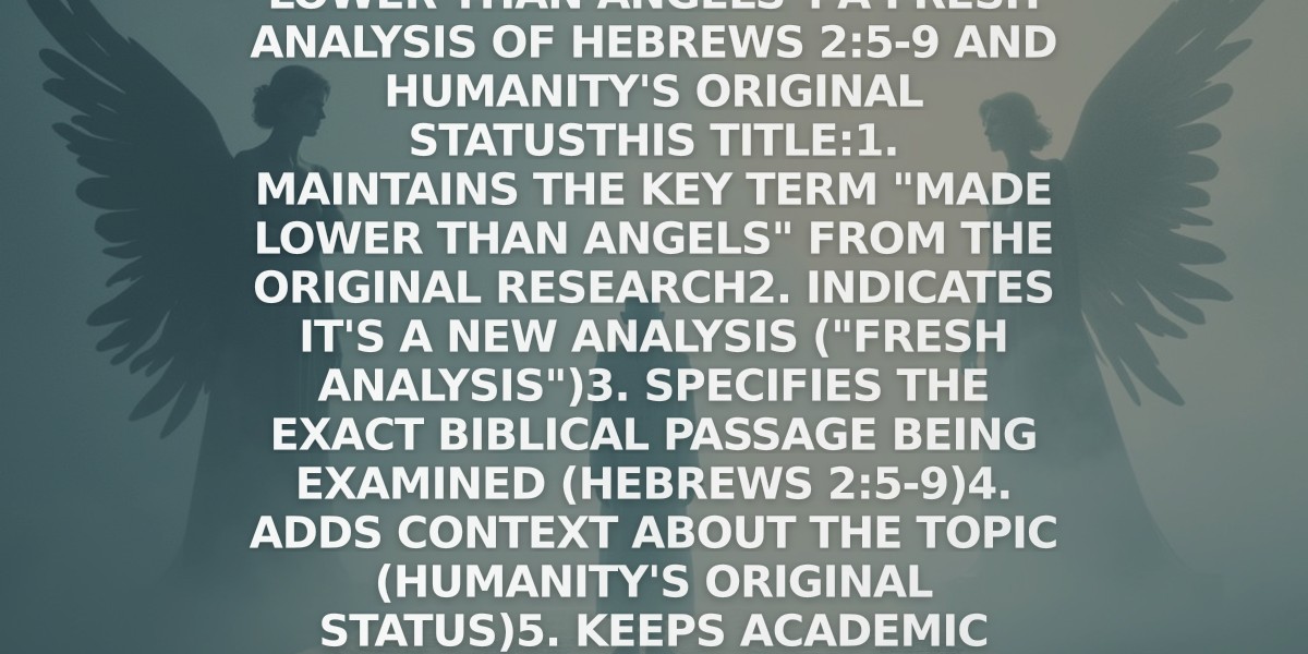 Based on the research article provided, here's an optimized SEO title while maintaining accuracy and meaning:

"Made Lower than Angels": A Fresh Analysis of Hebrews 2:5-9 and Humanity's Original Status

This title:
1. Maintains the key term "Made Lower than Angels" from the original research
2. Indicates it's a new analysis ("Fresh Analysis")
3. Specifies the exact biblical passage being examined (Hebrews 2:5-9)
4. Adds context about the topic (humanity's original status)
5. Keeps academic integrity while being more descriptive than the original generic "Search" title