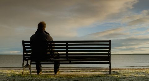 Person contemplating on waterfront bench