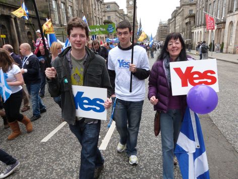 Scottish independence protesters with flags