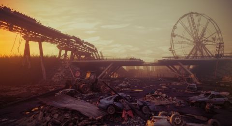 Overgrown abandoned theme park at dusk