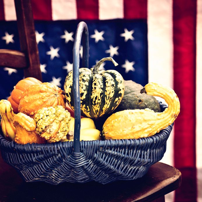 Gourds and flag for Thanksgiving display