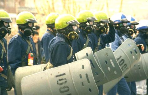 Police officers in protest line