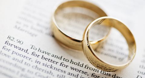 Two gold wedding rings on paper