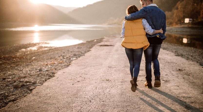 Couple strolling on romantic path