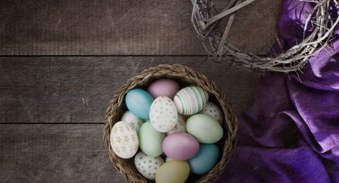 Easter eggs in woven basket