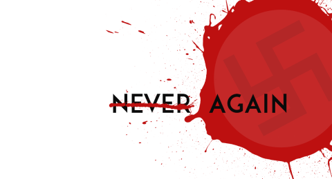 Never Again text in red splatter