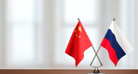 Chinese and Russian flags displayed together