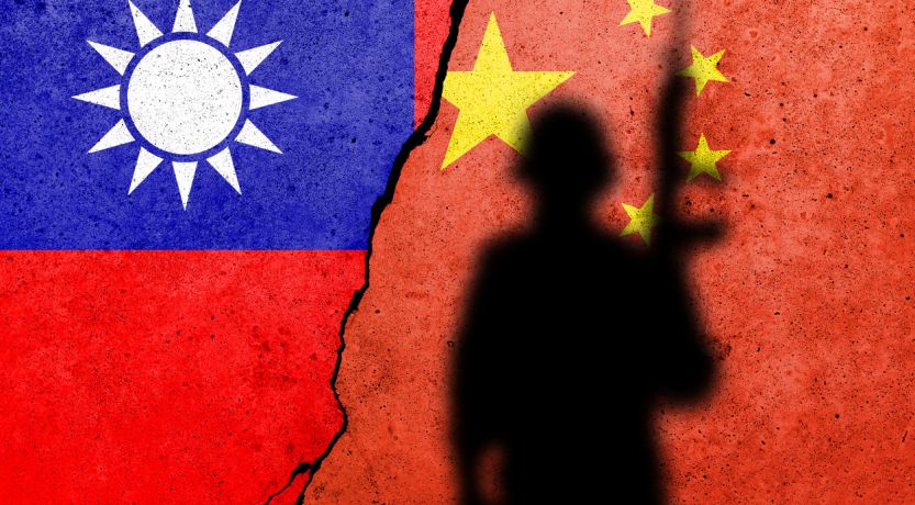 China Taiwan flags with military silhouette